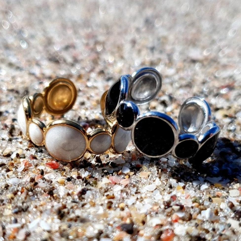 Bubbles adjustable ring - Divine Me Essentials in 18k gold plated and silver on a stainless steel base. Adjustable sizing to comfortably fit everyone.